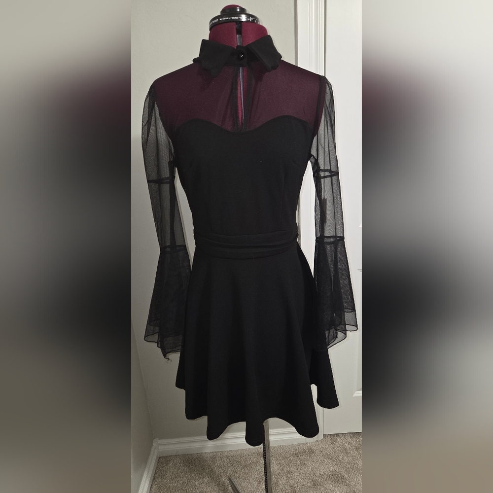 Black Fit and Flare Cocktail Dress with Bell Sleeves